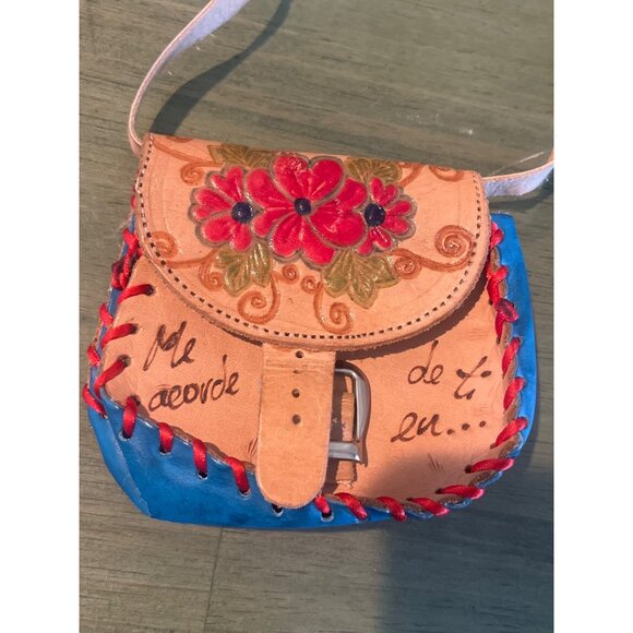 Vintage Handcrafted Leather & Suede Shoulder Bag With Floral Embroidery & Messag - Picture 5 of 11